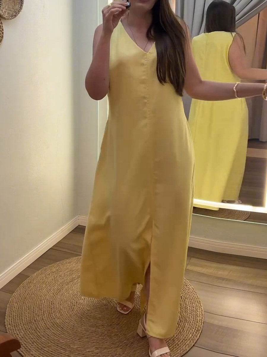 Women's Solid Color V-neck Sleeveless Casual Loose Cotton And Linen Dress