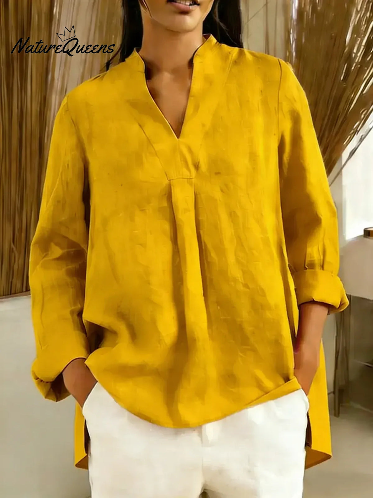 Women's Solid Color V-neck Long Sleeve Casual Loose Cotton Top