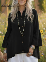 Cozy Button-down Flared Sleeve Linen Shirt Top