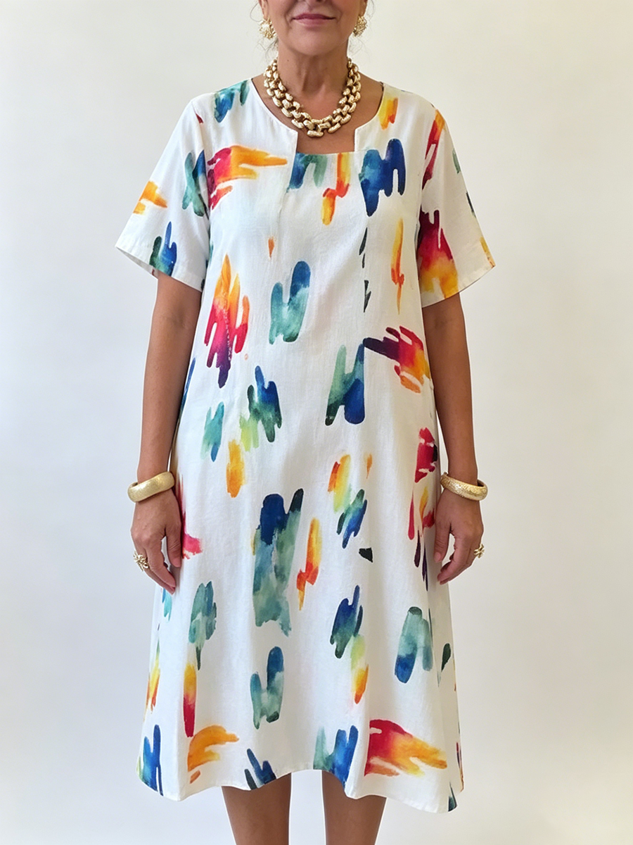 Rainbow Splatter Print V-neck Midi Dress