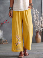 Cozy Floral-embroidered Cotton-linen Straight-leg Cropped Pants