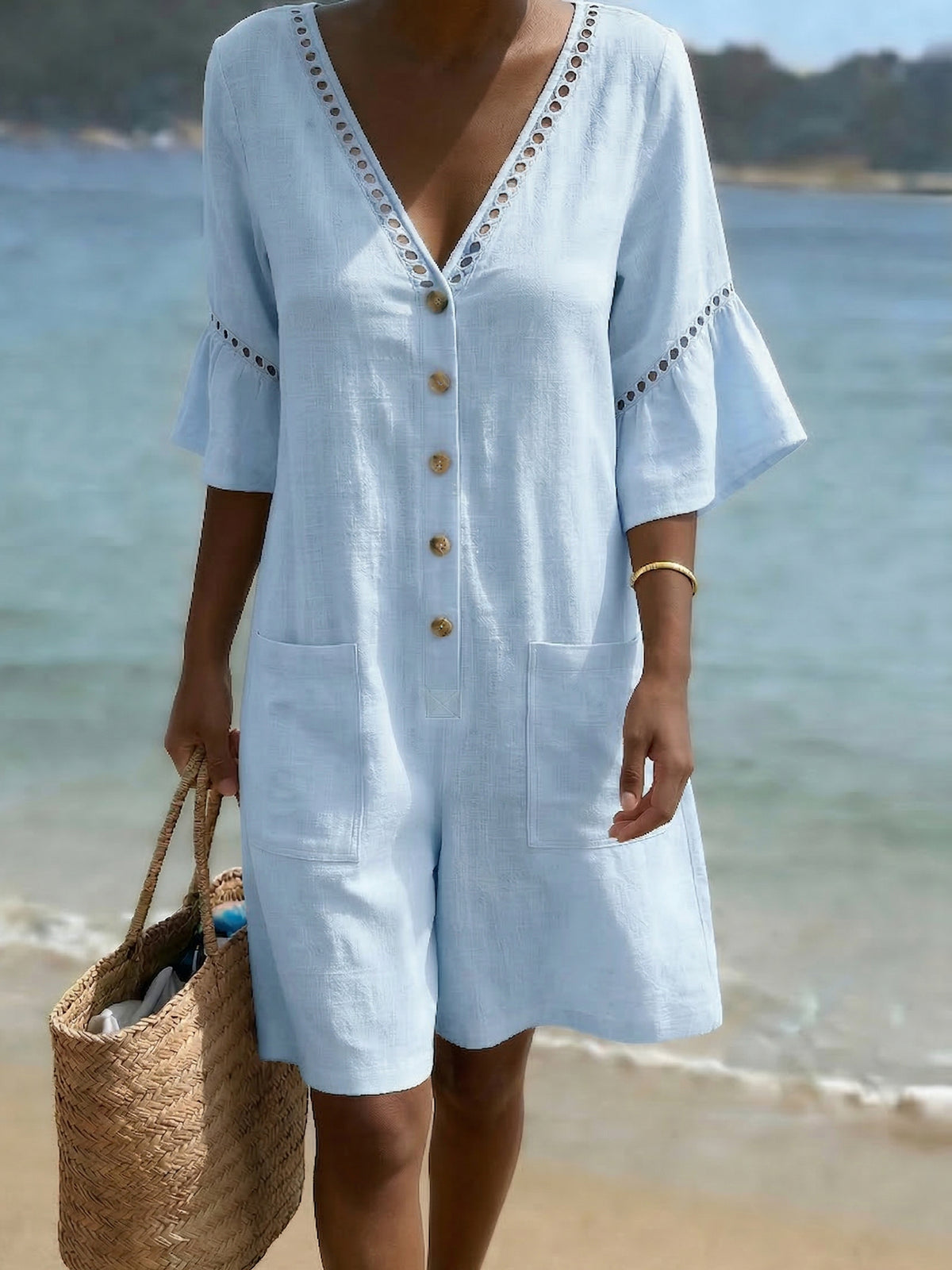 Retro Loose-fit Cutout Lace Cotton-linen Jumpsuit