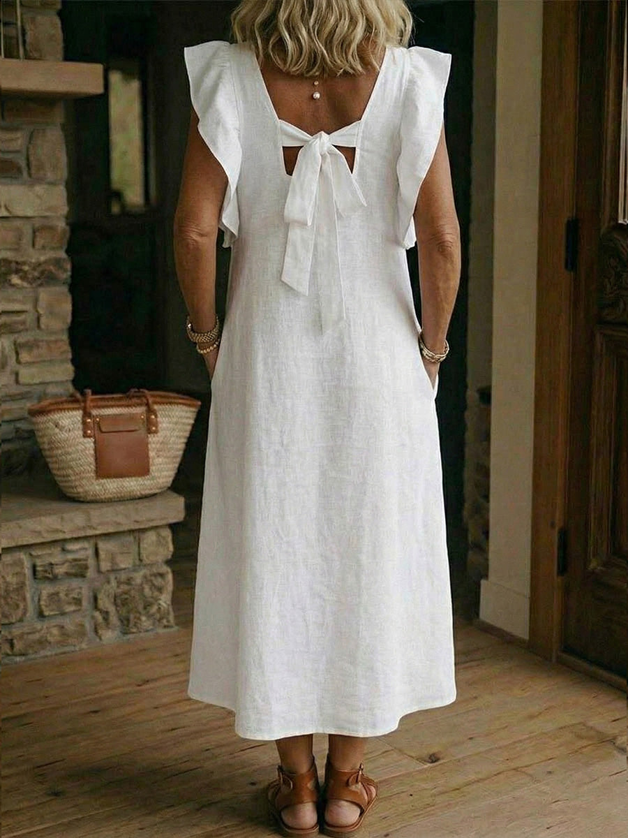 Women's Cotton-linen Back Straps And Flutter Sleeves Dress