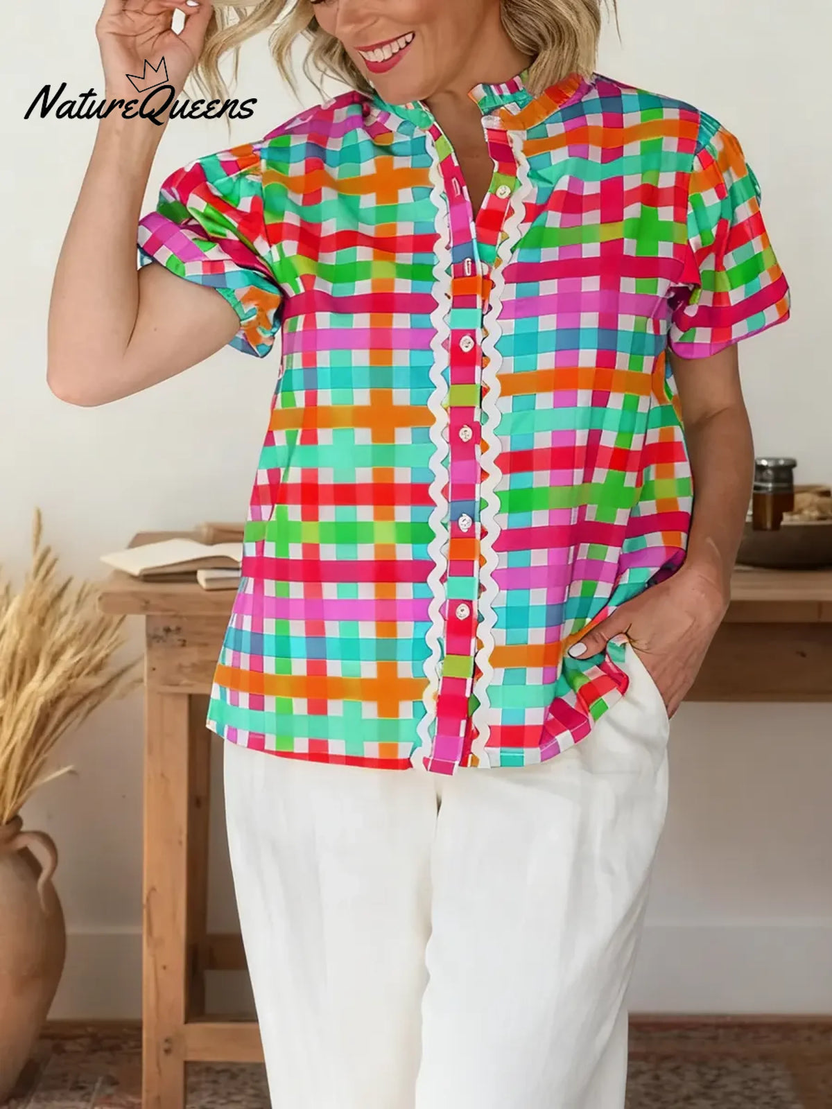 Women's Striped Print Shirt Collar Short Sleeve Casual Loose Cotton Linen Top