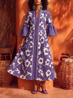 Elegant Vacation Floral Print Cotton-linen Dress