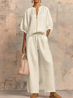 Stylish Cozy Shirt & Wide-Leg Pants Linen Cotton Two-Piece Set