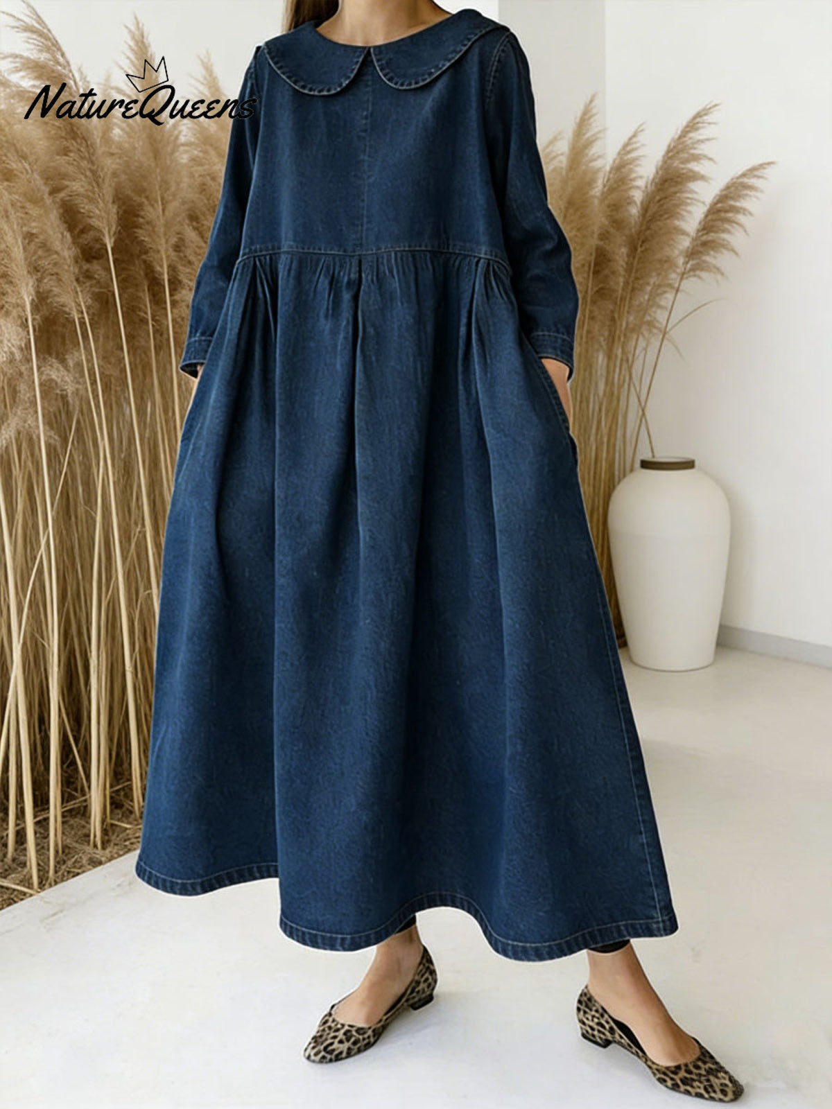 Women's Peter Pan Collar Long-sleeved Loose-fitting Casual Denim Dress