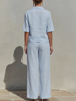 Women's Solid-color Cotton & Linen Set: V-neck Short-sleeve Loose-fit Top And High-waisted Wide-leg Pants