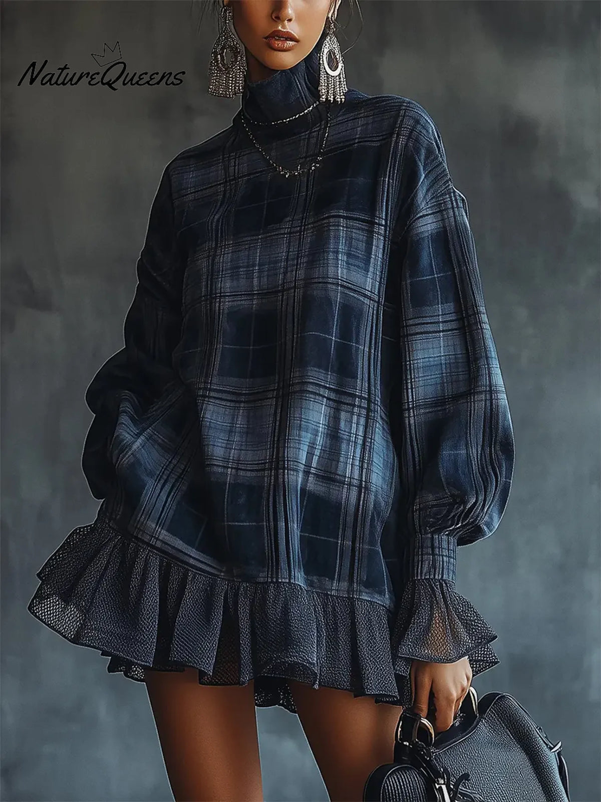 Women's Plaid Print High-neck Long-sleeved Casual Loose-fitting Cotton Linen Top