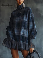 Women's Plaid Print High-neck Long-sleeved Casual Loose-fitting Cotton Linen Top