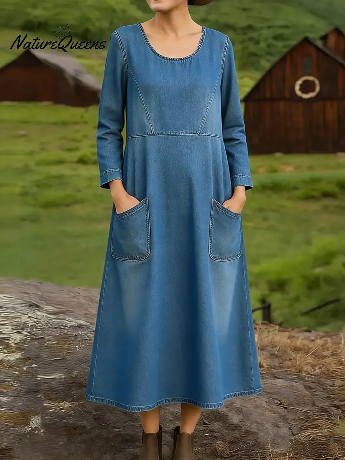 Women's Spring Round-neck Long-sleeved Casual Loose Denim Dress