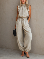 Cozy Vacation-style Mock-neck Ruffled Two-piece Set