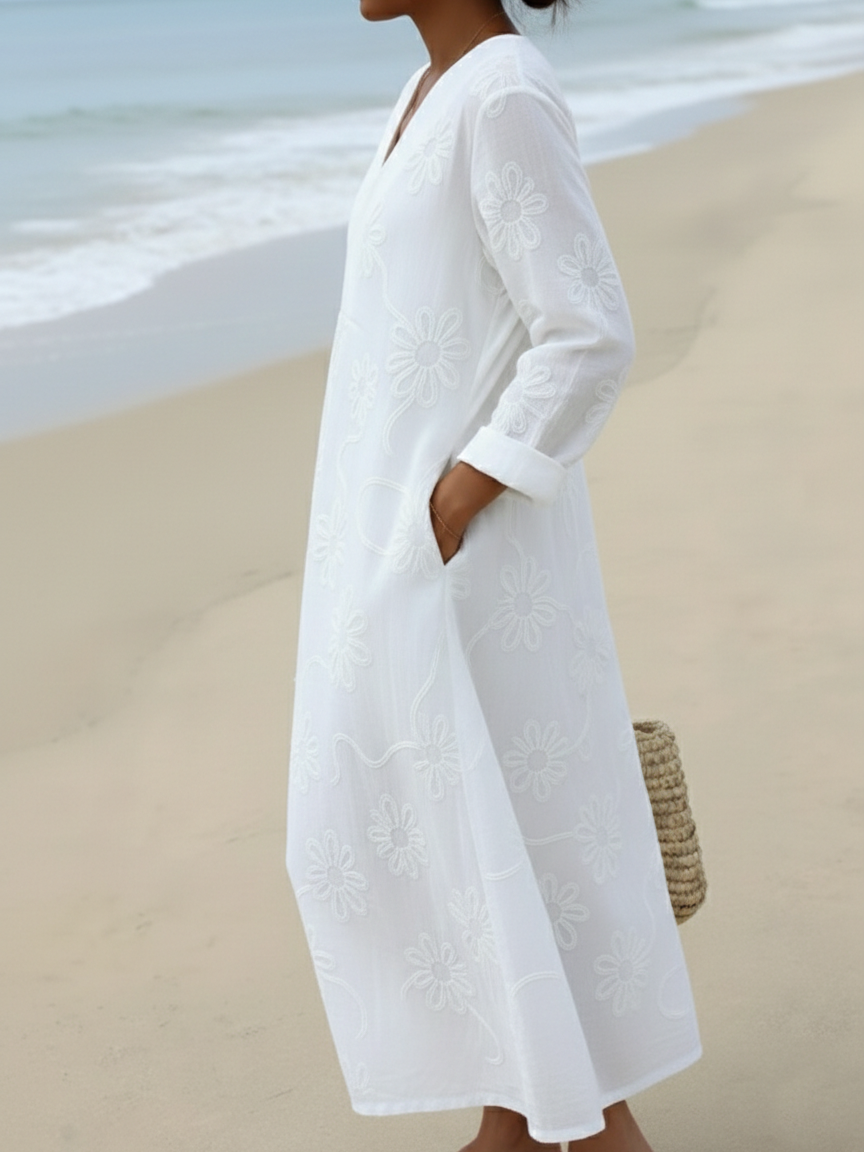 Cozy Romantic Floral Embroidered Cotton Dress