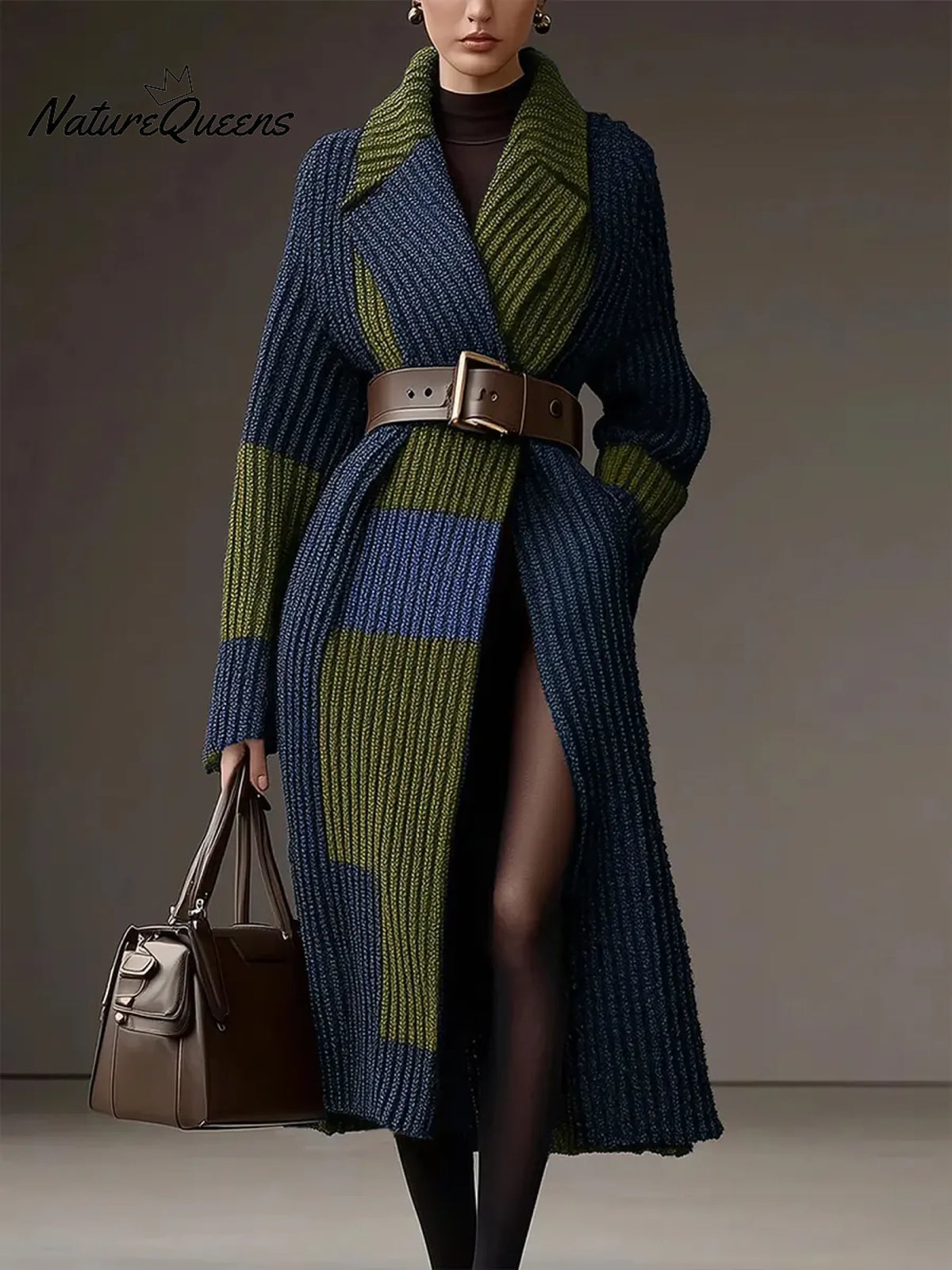 Women's Color-blocked Suit Collar Long Sleeve Casual Loose Long Knit Cardigan