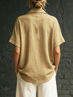 Women's Cowl Collar Art Casual Stylish Short Sleeve Cotton Linen Shirt