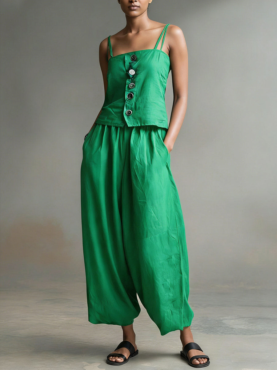 Women's Solid Color Sleeveless Casual Loose Camisole Top With Elastic Waist And Wide-leg Pants Cotton Set