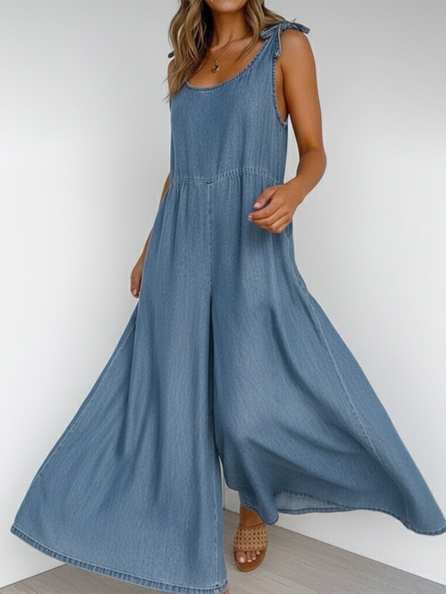 Casual Lace-up Loose Denim Jumpsuit