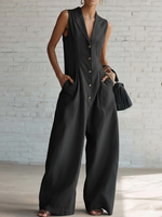 Elegant Lapel Button-up Loose-fitting Linen Jumpsuit