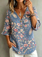 Women's Retro Floral Art Print Casual Short Sleeve Cotton Linen Shirt
