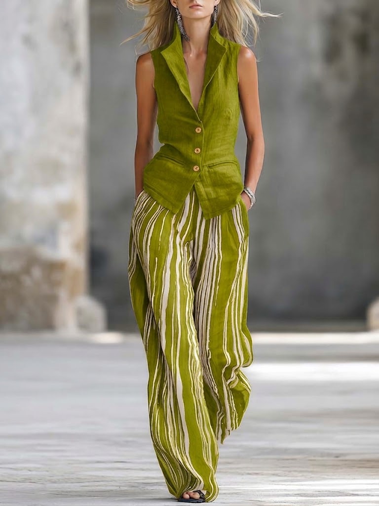 Casual Linen And Cotton Sleeveless Vest And Striped Trousers Two-piece Set