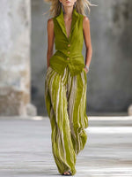 Casual Linen And Cotton Sleeveless Vest And Striped Trousers Two-piece Set