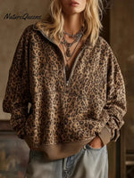 Women's Leopard Print Cardigan Collar Long Sleeve Casual Loose Sweatshirt