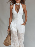 Bohemian-style Set: Lace-trimmed Spaghetti Strap Camisole And Lace-paneled Wide-leg Pants
