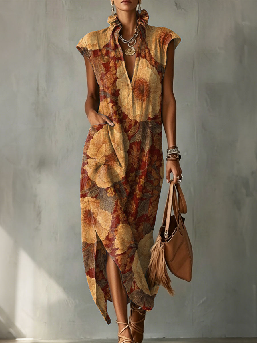 Retro Floral Decorative Pattern Women‘s Bud Collar Cotton Linen Dress