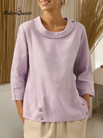 Women's Solid Color Round Neck Three-quarter Sleeve Casual Loose Cotton And Linen Top