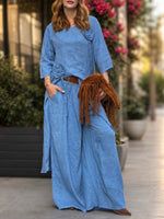 Conjunto informal de dos piezas de top largo y pantalón de lino y algodón.