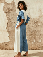 Elegant Ruffled Color-block Cotton-linen Wide-leg Jumpsuit