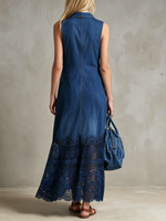 Sleeveless Denim Maxi Dress With Lace Hem