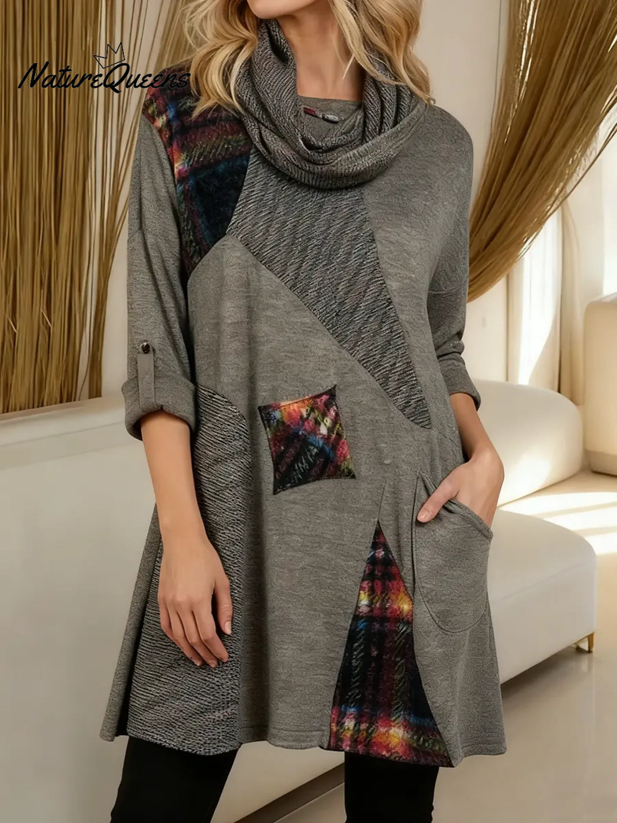 Women's Geometric Patchwork Print Swing Neck Long Sleeve Casual Loose Knit Top