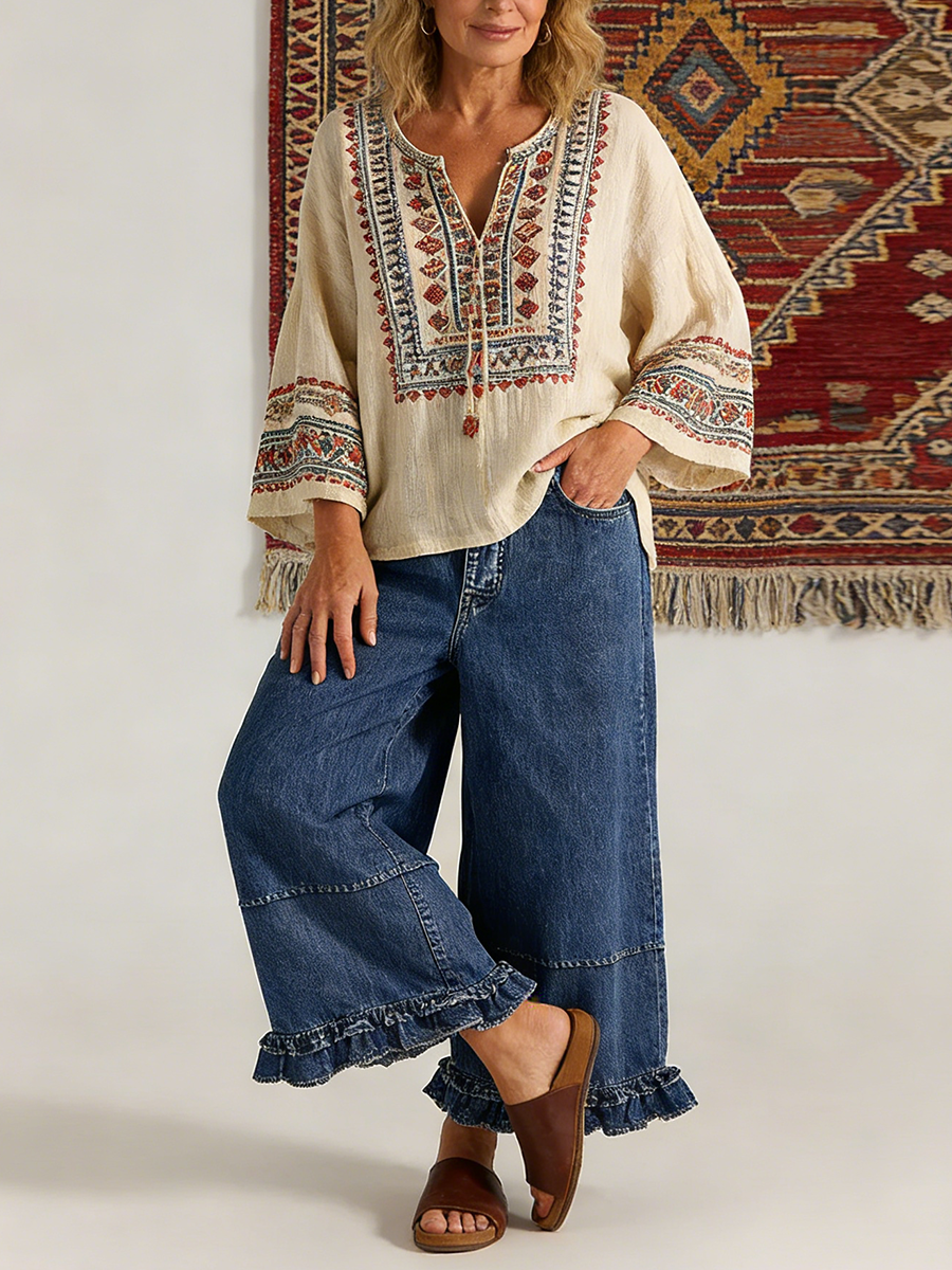 Casual Cozy Ruffled Details Denim Wide-leg Pants