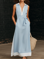 Retro Color-blocked Lapel Maxi Dress With Belt