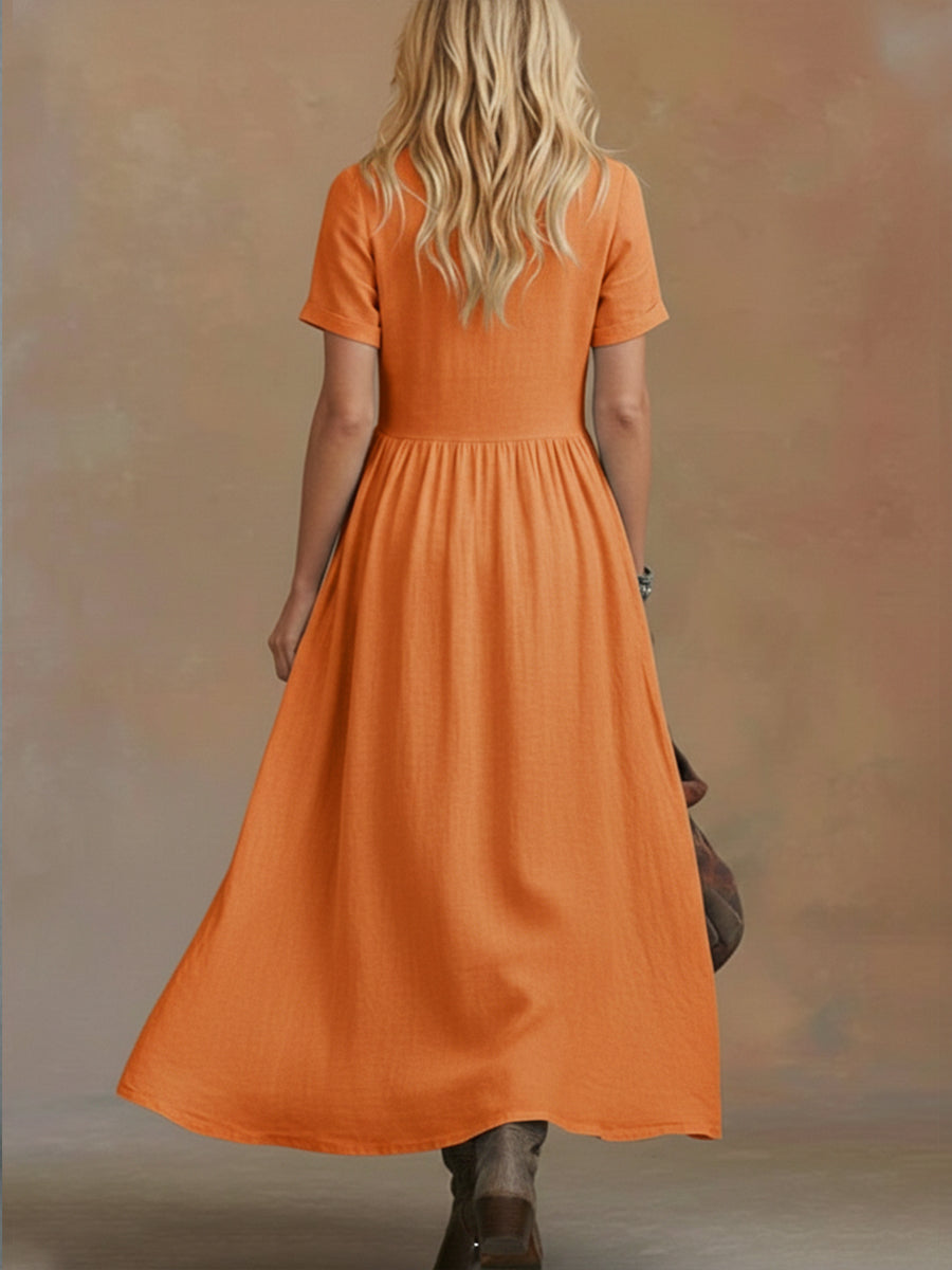 Comfortable Linen And Cotton Tie-waist Dress