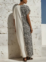 Women's Zebra-print V-neck Short-sleeve Casual Loose Cotton-linen Dress