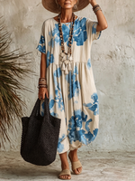 Artistic Blue Watercolor Floral Print Bud Dress
