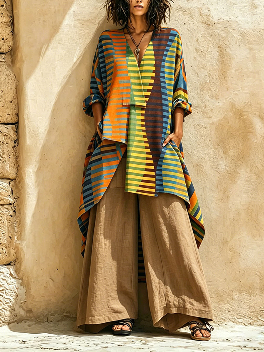 Women's Retro Geometry Print Cotton-linen Two-piece Set