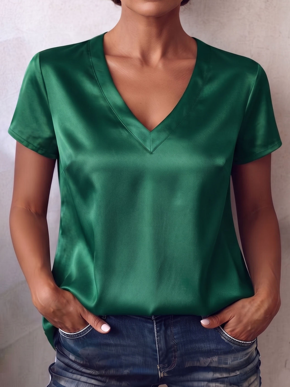Elegant And Casual V-neck Satin Short-sleeved Shirt