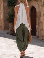 Women's Cotton-linen Set: Stand-collar Sleeveless Loose-fit Top & High-waisted Wide-leg Pants