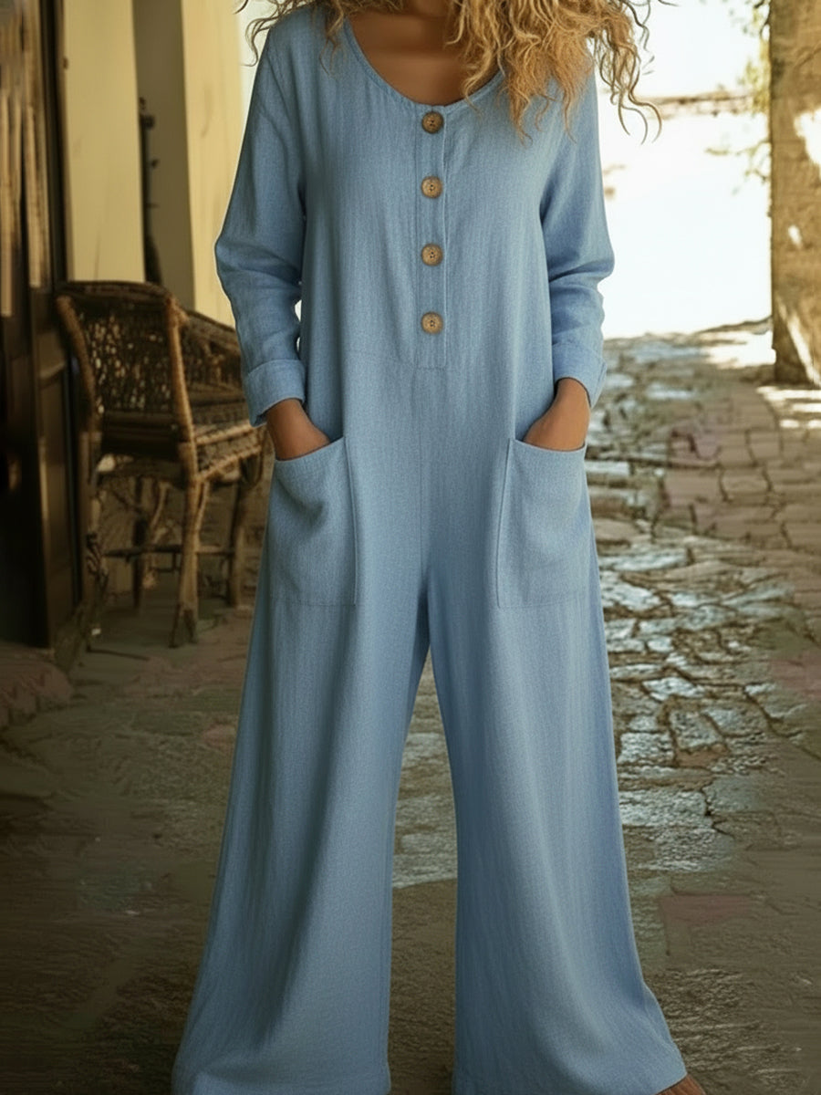 Cozy Round-neck Button-up Linen Jumpsuit