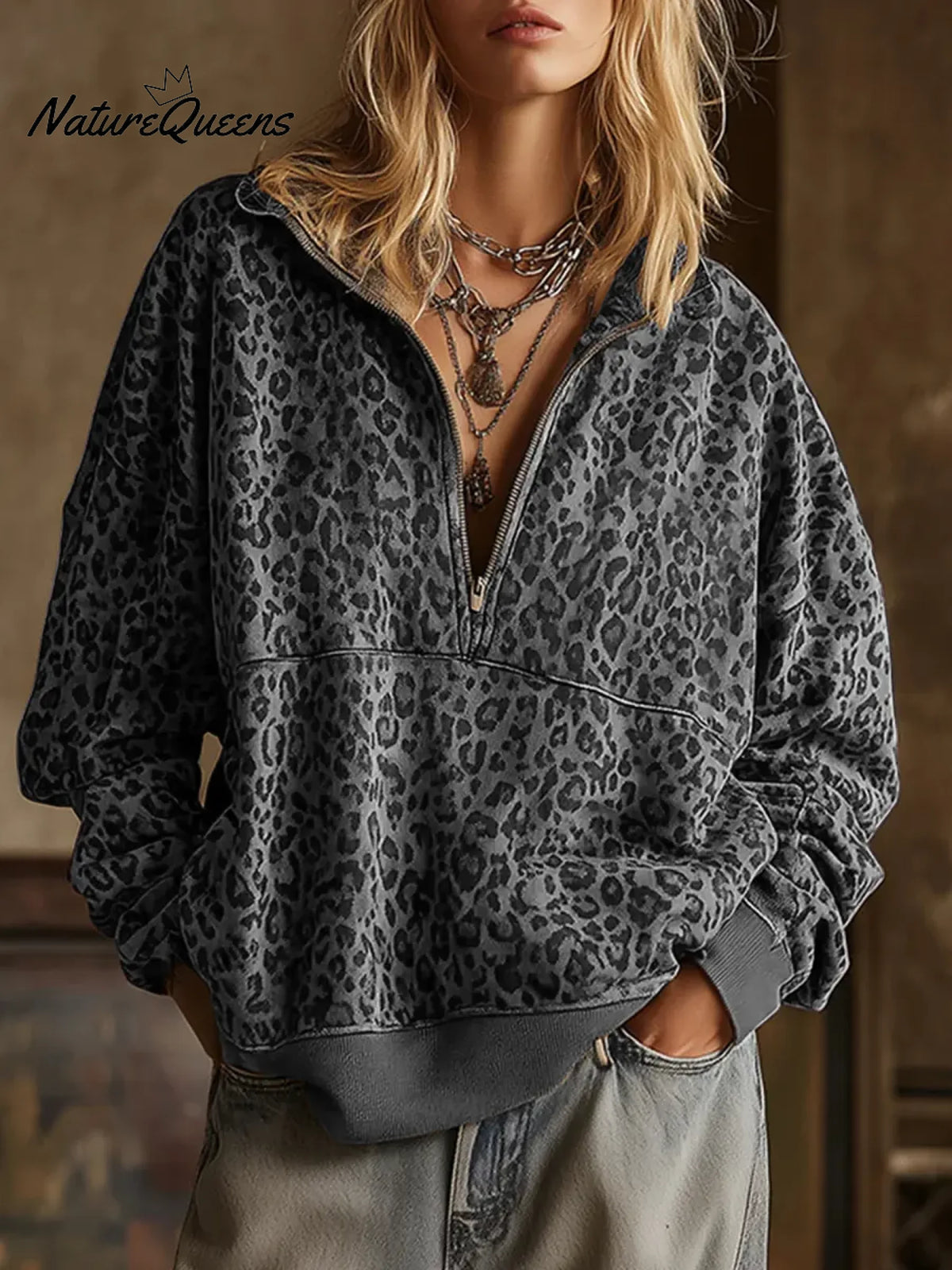 Women's Leopard Print Cardigan Collar Long Sleeve Casual Loose Sweatshirt
