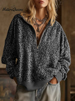 Women's Leopard Print Cardigan Collar Long Sleeve Casual Loose Sweatshirt