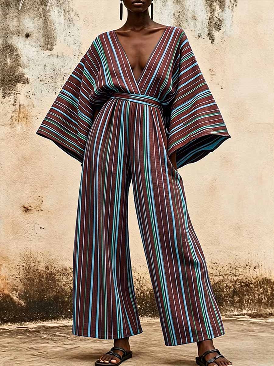 Women's Striped Print V-neck Long-sleeve Casual Loose Wide-leg Jumpsuit