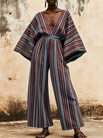 Women's Striped Print V-neck Long-sleeve Casual Loose Wide-leg Jumpsuit