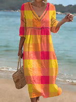 Bohemian-style Color-block Plaid Art Print Cotton-linen Dress