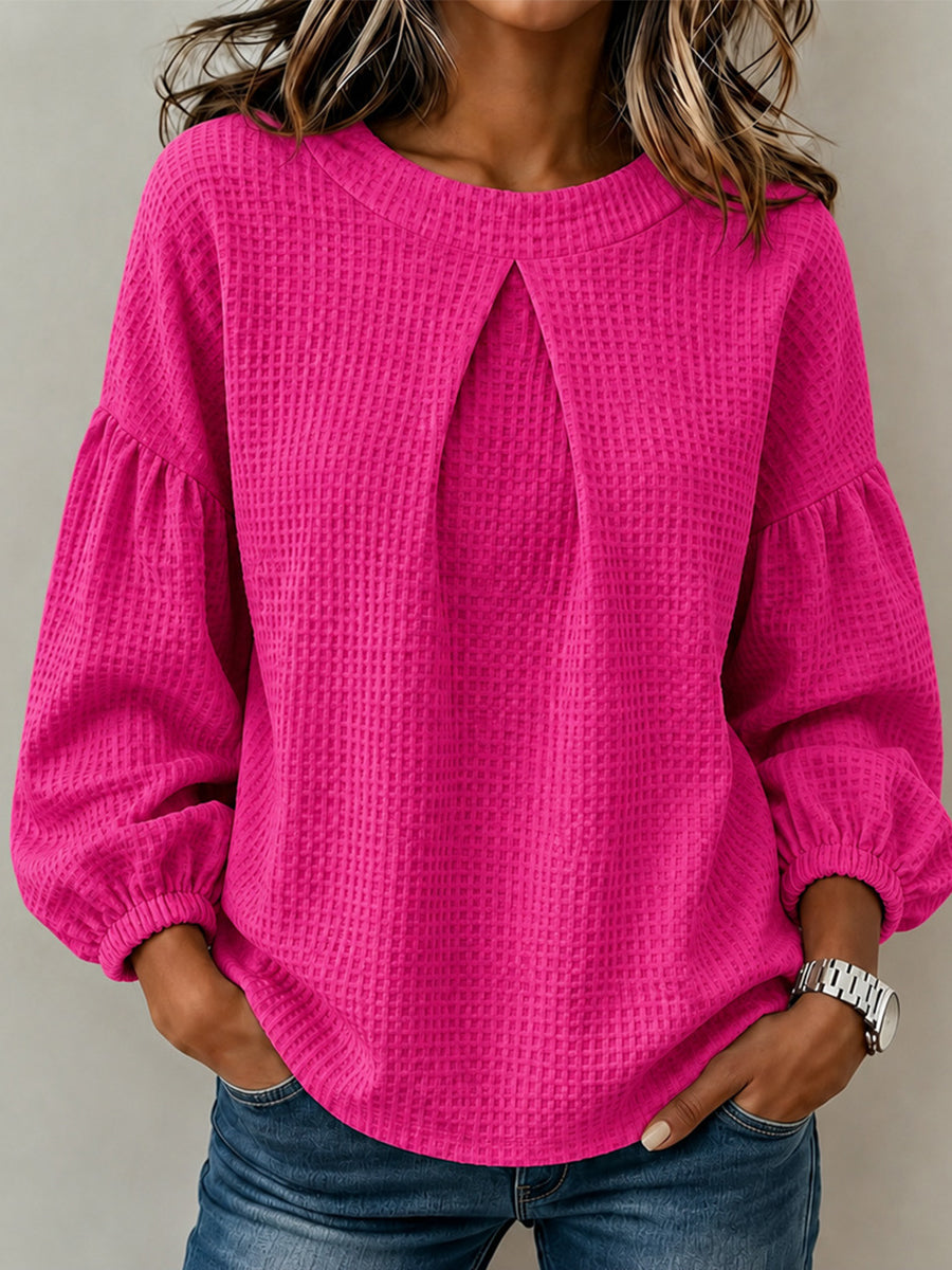 Waffle Textured Pleated Neck Bubble Sleeve Blouse
