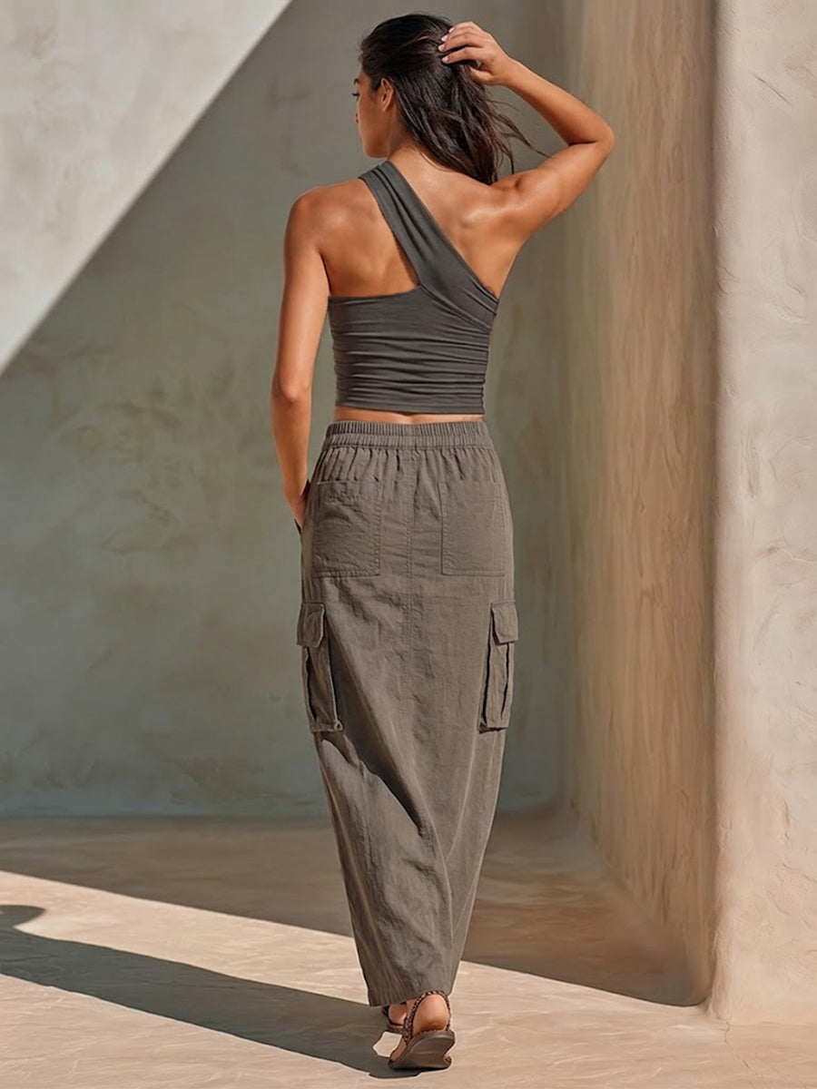 Casual Off-shoulder Stretch Cotton Top & Cotton Skirt Two-piece Set
