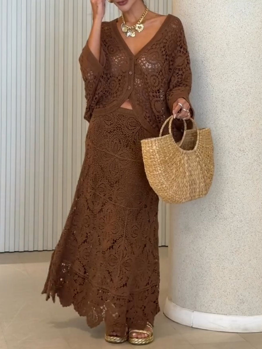 Women's Bohemian Set: V-neck 3/4-sleeve Casual Loose Crochet Cardigan & High-waisted Skirt